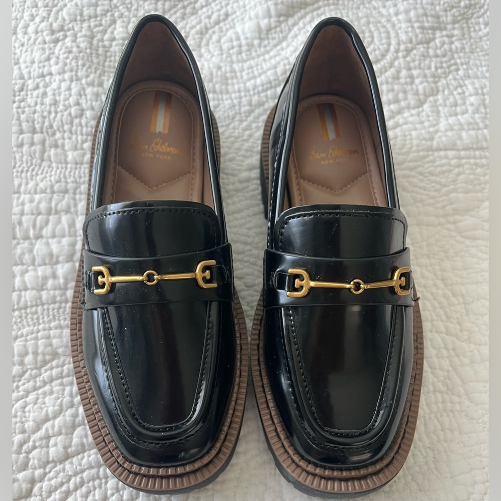 Girls Sam Edelman Black Patent Loafers with Gold Accent